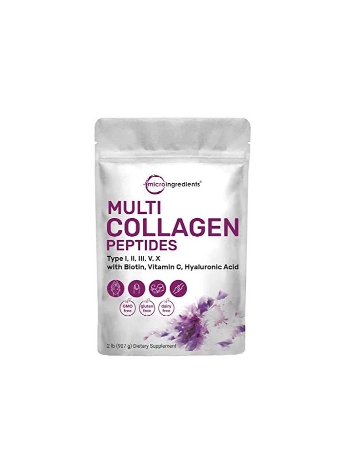 Multi Collagen Protein Powder, 2 Pounds Type I,II,III,V,X with Biotin 10000mcg, Hyaluronic Acid, Vitamin C Unflavored Collagen Peptides Keto & Paleo Friendly, Easy Dissolve, Non-GMO