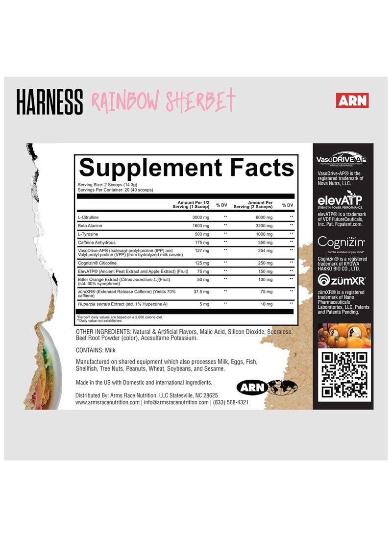 Arms Race Nutrition | Harness | Pre-Workout, 20 Servings (Rainbow Sherbet)