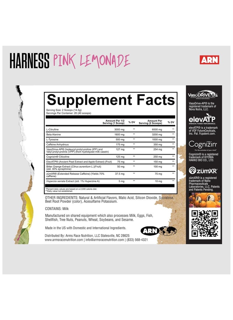 Arms Race Nutrition | Harness | Pre-Workout, 20 Servings (Pink Lemonade)