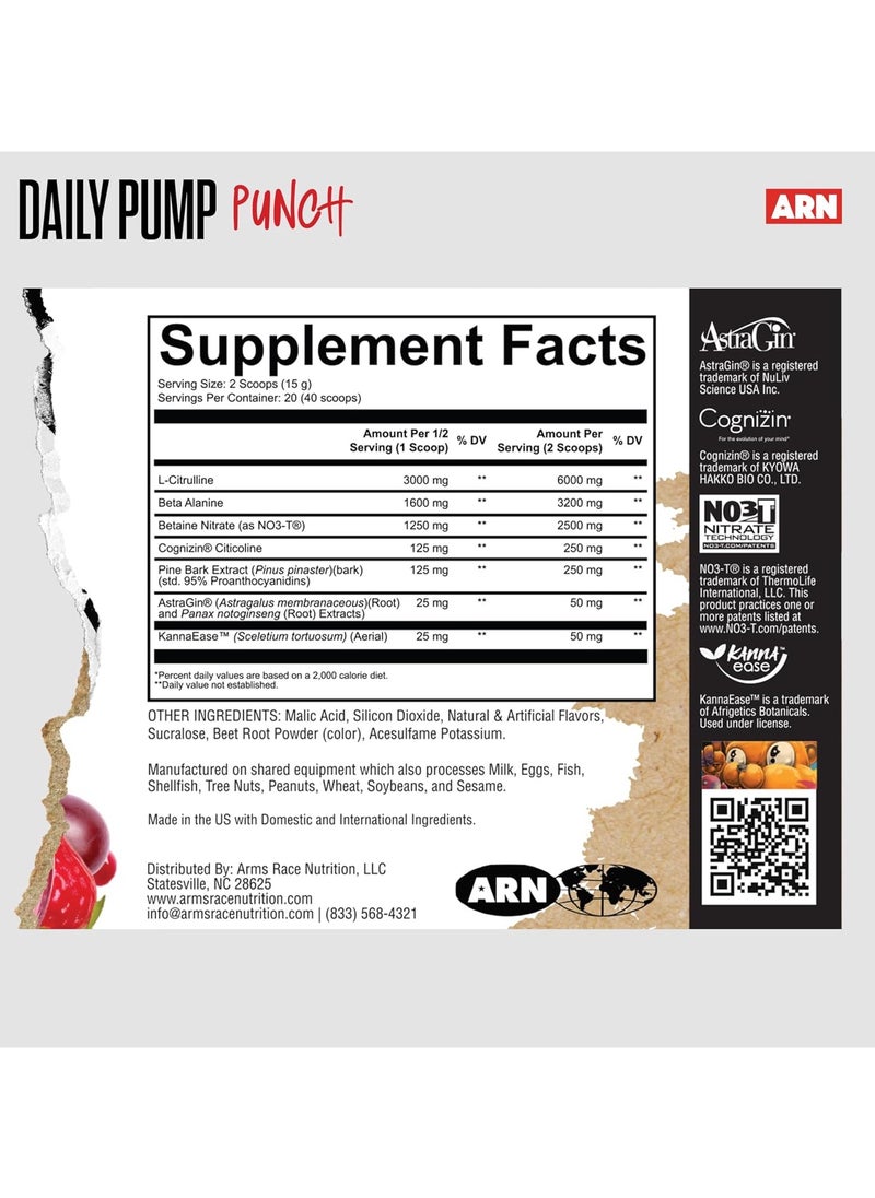 Arms Race Nutrition Daily Pump Stim / Caffeine Free Pre-Workout, 20 Servings (Punch)