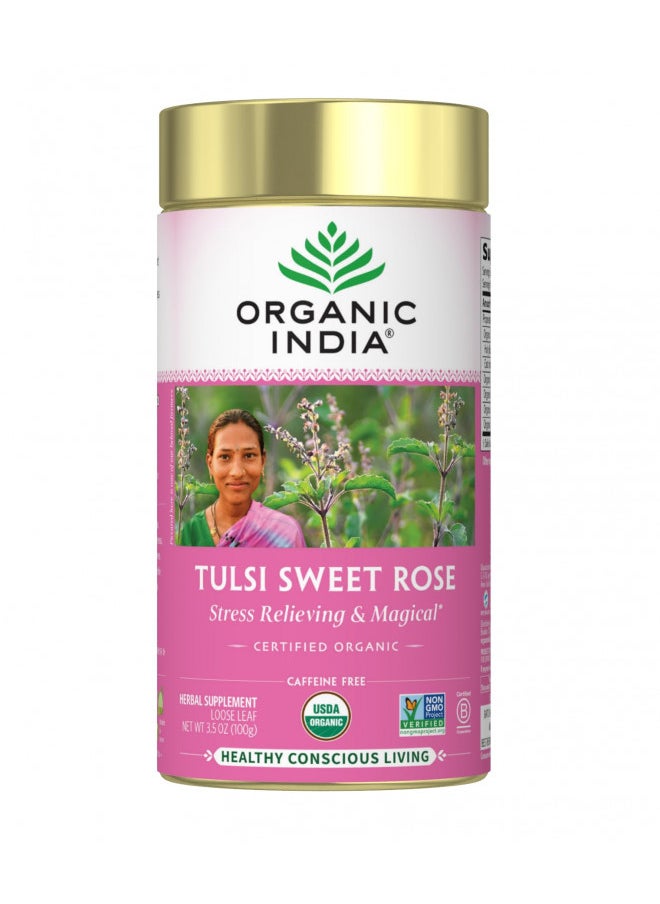 Organic India Tulsi Sweet Rose Herbal Tea - Holy Basil, Stress Relieving & Magical, Immune Support, Adaptogen, Vegan, USDA Certified Organic, Non-GMO, Caffeine-Free - 3.5 oz Canister