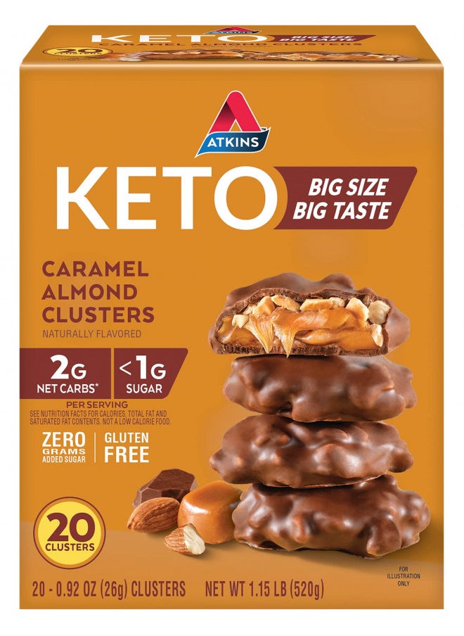 Atkins Caramel Almond Clusters, Gluten Free, High in Fiber, 1g Sugar, 2g Net Carb, Keto Friendly, 20 Count