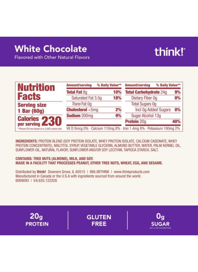 think! Protein Bars, High Protein Snacks, Gluten Free, Sugar Free Energy Bar with Whey Protein Isolate, White Chocolate, Nutrition Bars without Artificial Sweeteners, 2.1 Oz (10 Count)