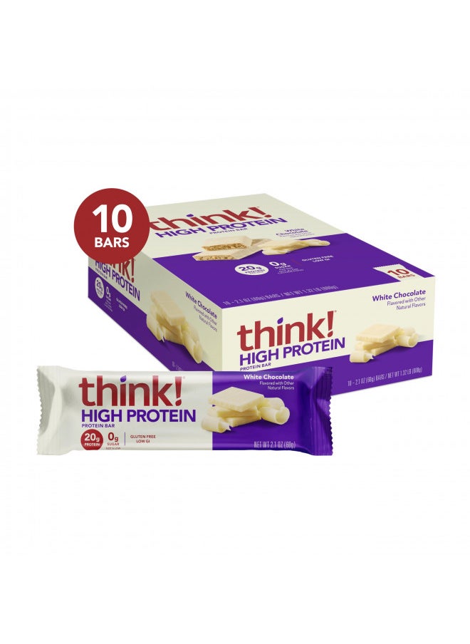 think! Protein Bars, High Protein Snacks, Gluten Free, Sugar Free Energy Bar with Whey Protein Isolate, White Chocolate, Nutrition Bars without Artificial Sweeteners, 2.1 Oz (10 Count)