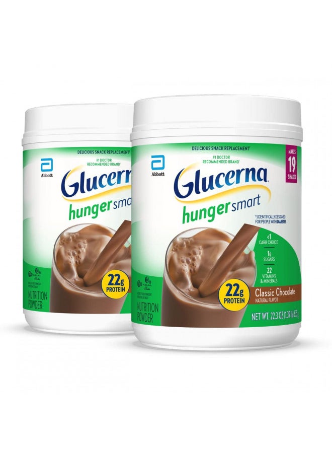 Glucerna Hunger Smart Powder, Diabetic Nutrition, Blood Sugar Management, 22g Protein, 130 Calories, Classic Chocolate, 22.3-oz tub, 2 Count