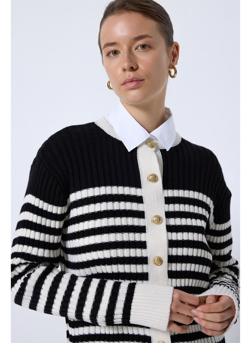 Striped Knitted Cardigan with Pocket Details