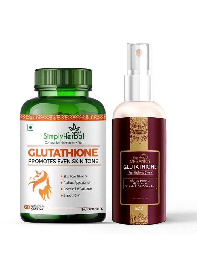 1000Mg L Glutathione Capsules And L Glutathione Face Cream For All Skin Types Radiant Skin Glowing Anti Aging Dark Spots Removal Pigmentation And Skin Care Cream (60 Cap 50Gm Cream)