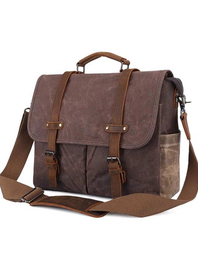 Mens Messenger Bag 15.6 Inch Waterproof Vintage Genuine Leather Waxed Canvas Briefcase Large Satchel Shoulder Bag Rugged Leather Computer Laptop Bag