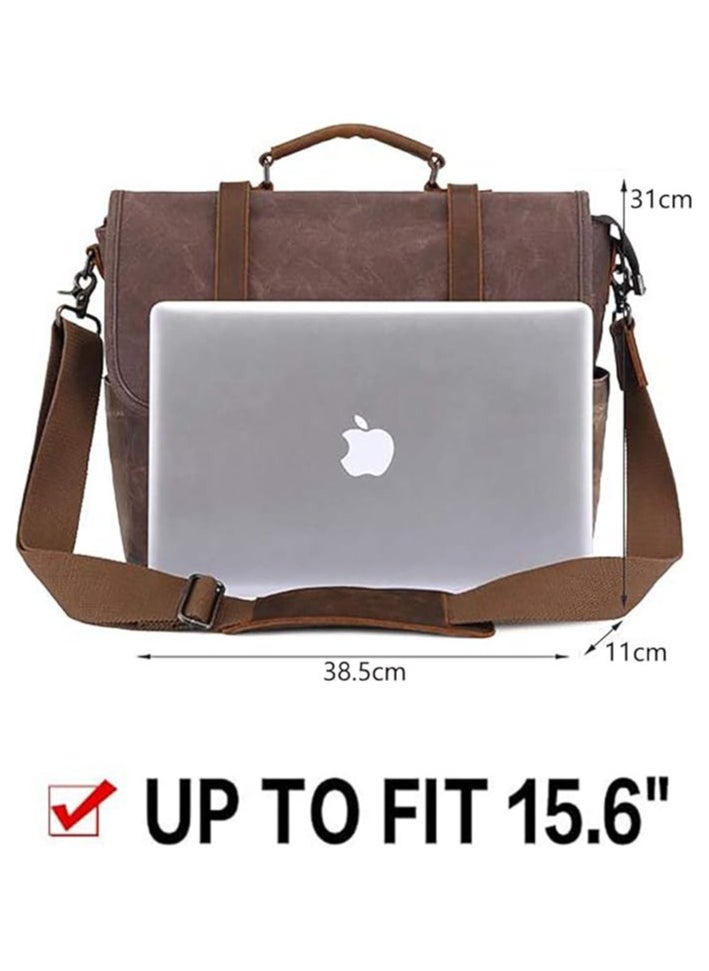 Mens Messenger Bag 15.6 Inch Waterproof Vintage Genuine Leather Waxed Canvas Briefcase Large Satchel Shoulder Bag Rugged Leather Computer Laptop Bag