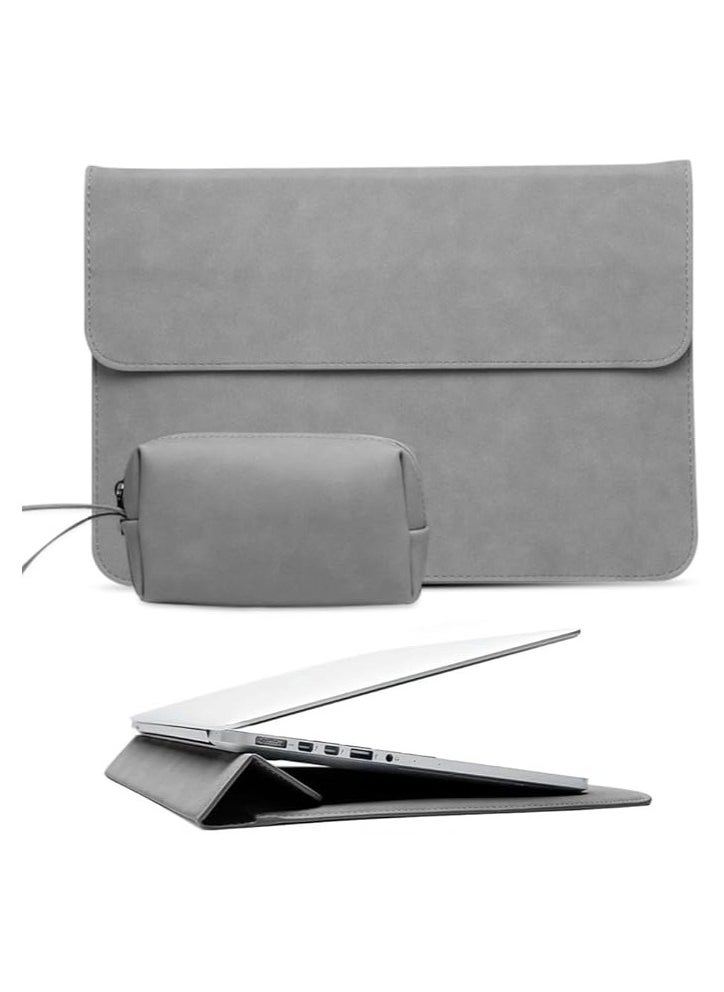 13-14 Inch Laptop Stand Sleeve Case, 13-14 Inch Computer Bag with 3 Adjustable Angle Laptop Stand, Faux Suede Leather for 13-14 Inch MacBook Air Pro Retina 13-14 Inch Surface Pro with Pouch (Gray)