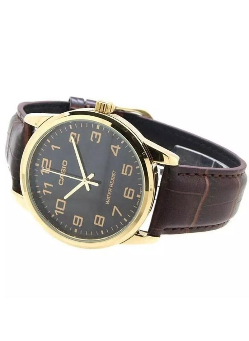 Casio Men's Brown Leather Strap Analog Wrist Watch Black Dial MTP-V001GL-1BUDF