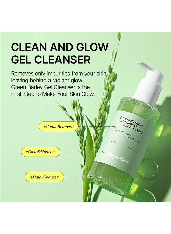 Clean and Glow Green Barley Gel Cleanser, Vegan Certified, Hydrating, Improving Skin Texture, Plant Based Oil, 6.93 Fl Oz (New)