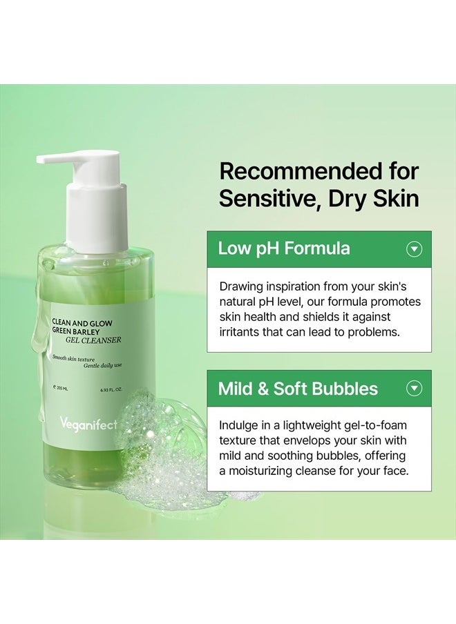 Clean and Glow Green Barley Gel Cleanser, Vegan Certified, Hydrating, Improving Skin Texture, Plant Based Oil, 6.93 Fl Oz (New)