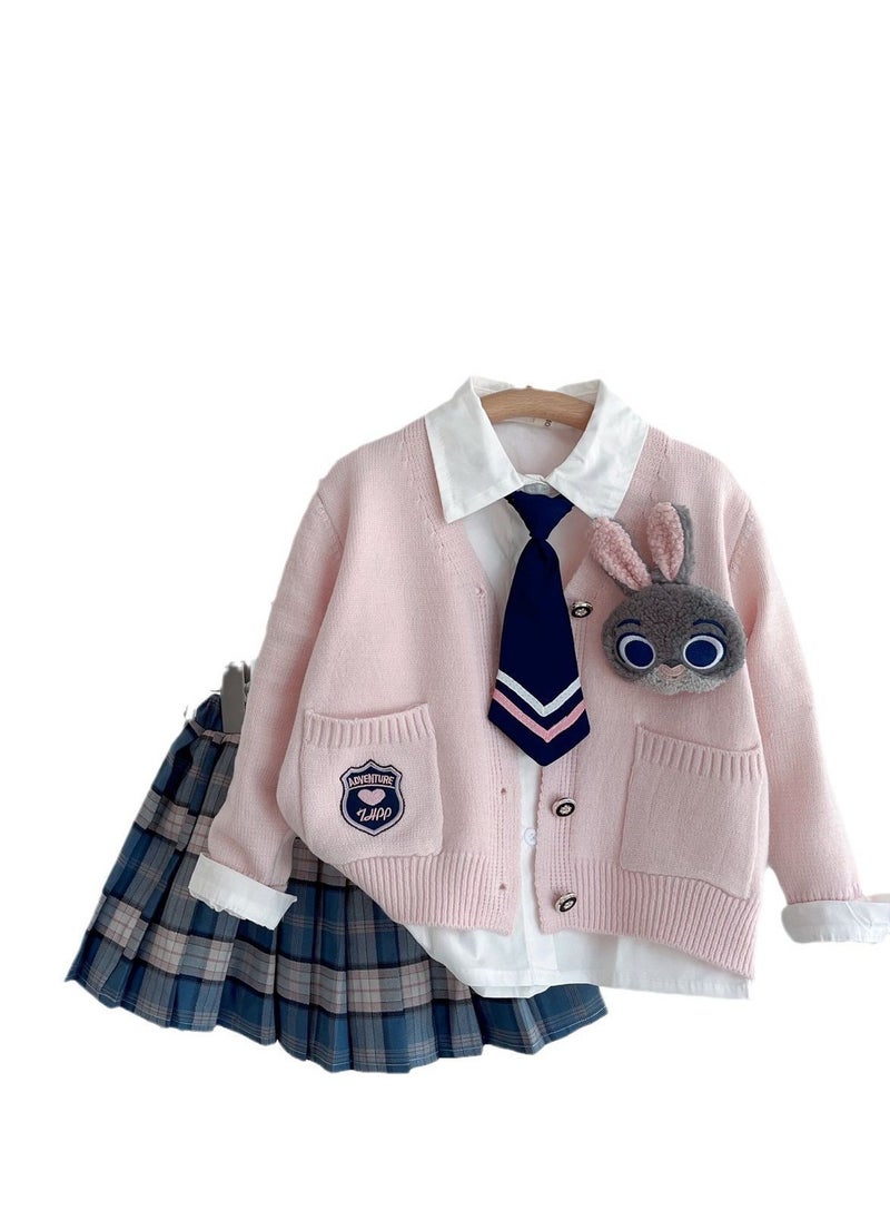 College Style Set Of Girls' Knitted Cardigan White Shirt Plaid Pleated Skirt Three Piece Set