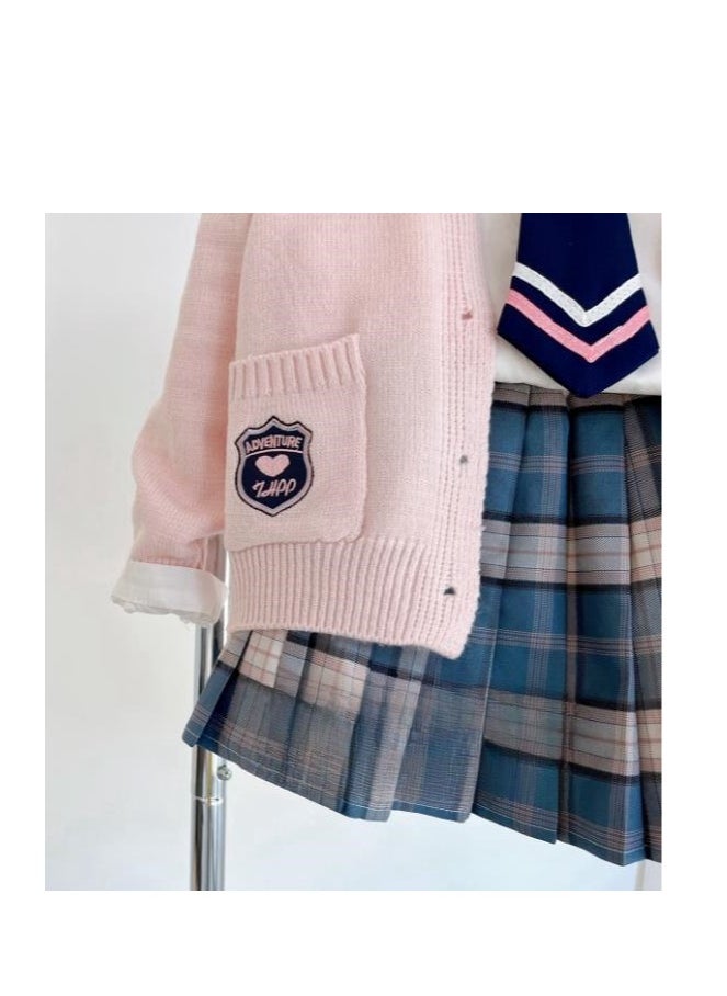 College Style Set Of Girls' Knitted Cardigan White Shirt Plaid Pleated Skirt Three Piece Set