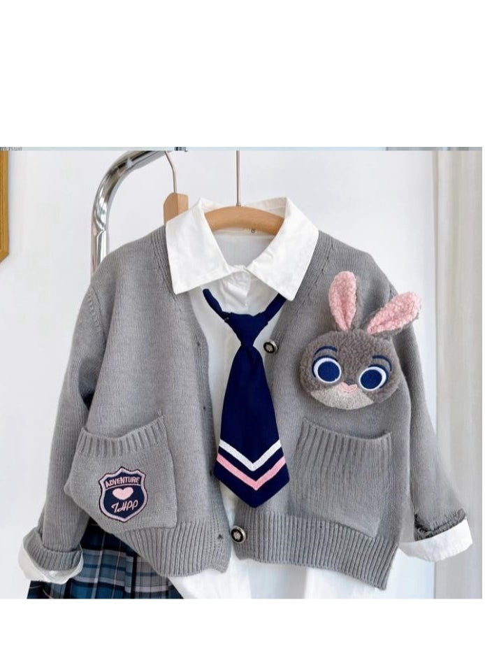 College Style Set Of Girls' Knitted Cardigan White Shirt Plaid Pleated Skirt Three Piece Set