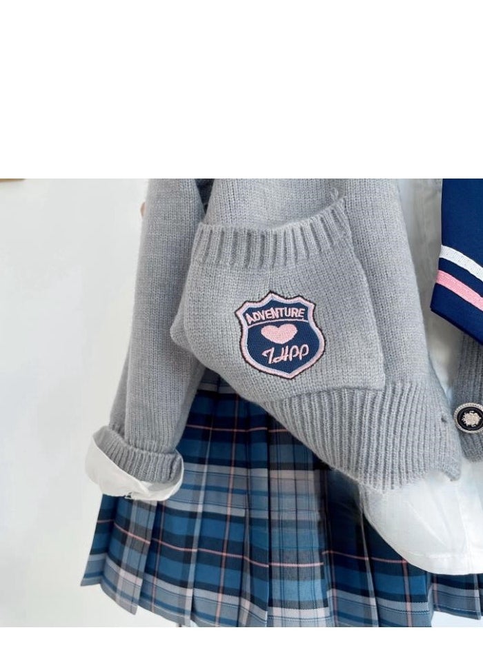 College Style Set Of Girls' Knitted Cardigan White Shirt Plaid Pleated Skirt Three Piece Set