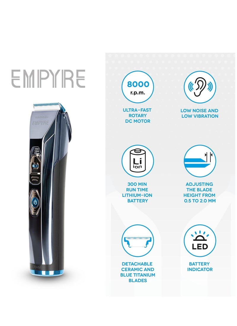 GAMMA+ + Empyre Professional Men's Hair Clipper with 3-Speed Rotary Motor, White Ceramic Blade, 300 Min. Wireless Autonomy, Adjustable Blade Button, 4 Combs, Charging Base