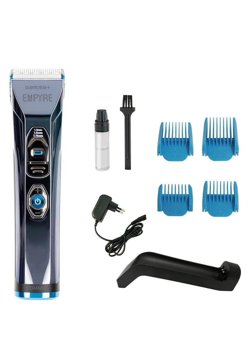 GAMMA+ + Empyre Professional Men's Hair Clipper with 3-Speed Rotary Motor, White Ceramic Blade, 300 Min. Wireless Autonomy, Adjustable Blade Button, 4 Combs, Charging Base