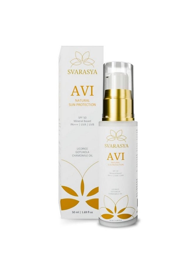 Avi Natural Sunscreen With Spf 50 Pa+++ | Mineral Sunscreen With Zinc Oxide And Titanium Dioxide | Paraben Free/Sulphate Free/Sls Free With Natural Ingredients For Oily, Sensitive Or Dry Skin | Broad Spectrum Uva, Uvb Sun Protection, (50Ml) | Ayurvedic Natural Sunscreen For Tan And Anti-Aging