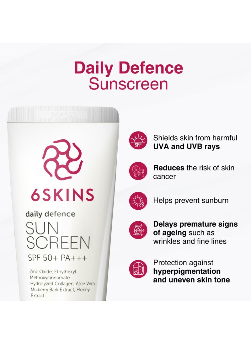 6SKINS® Daily Defence SUN SCREEN SPF 50+ PA+++ for Broad Spectrum UVA/UVB | Titanium Dioxide & Zinc Oxide Sun cream | Collagen-Boosting Face Moisturizer with No-White Cast, Lightweight Non Greasy 80ml