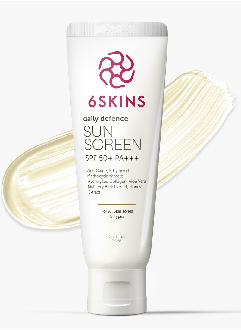 6SKINS® Daily Defence SUN SCREEN SPF 50+ PA+++ for Broad Spectrum UVA/UVB | Titanium Dioxide & Zinc Oxide Sun cream | Collagen-Boosting Face Moisturizer with No-White Cast, Lightweight Non Greasy 80ml