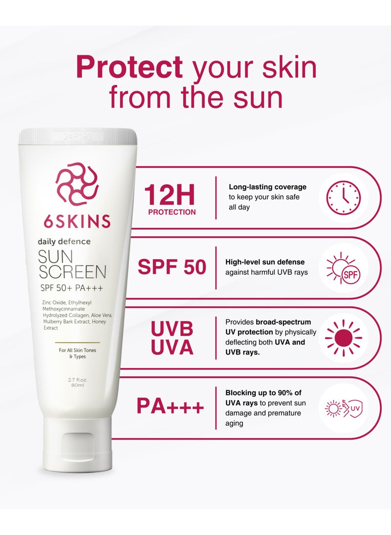 6SKINS® Daily Defence SUN SCREEN SPF 50+ PA+++ for Broad Spectrum UVA/UVB | Titanium Dioxide & Zinc Oxide Sun cream | Collagen-Boosting Face Moisturizer with No-White Cast, Lightweight Non Greasy 80ml