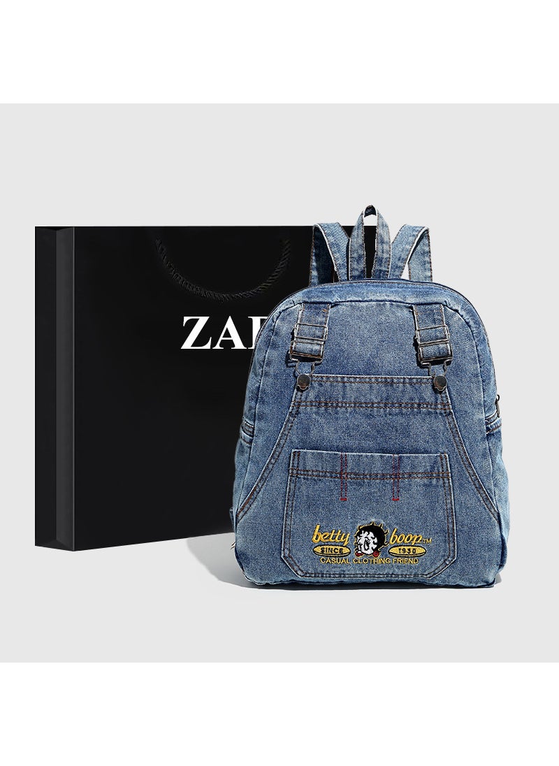 Korean Large Denim Backpack Women 2024 Summer Denim Blue-Gift Bag Plus $4