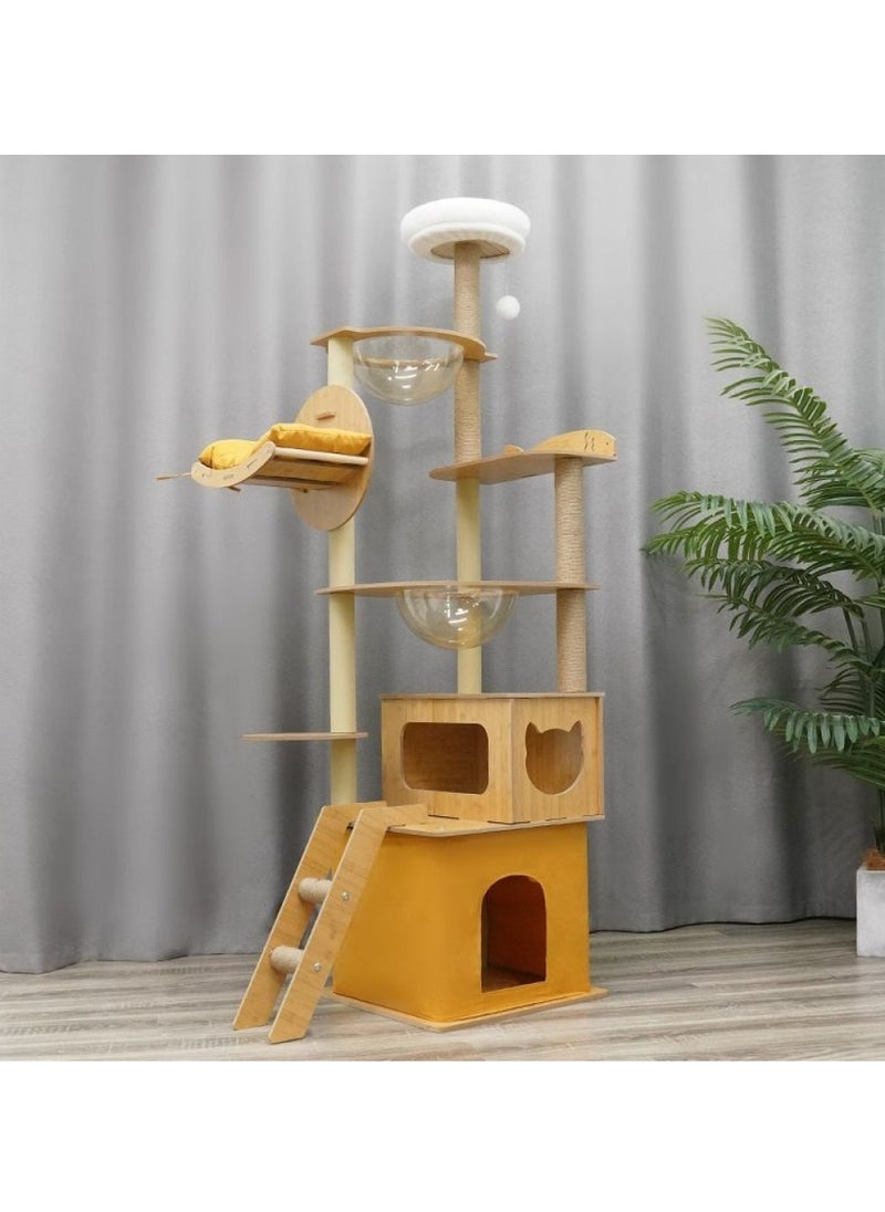 Cat Tree And Scratcher, Yellow Multi-layer, Cat Tree with Space Capsule Bed and Ladder - Yellow