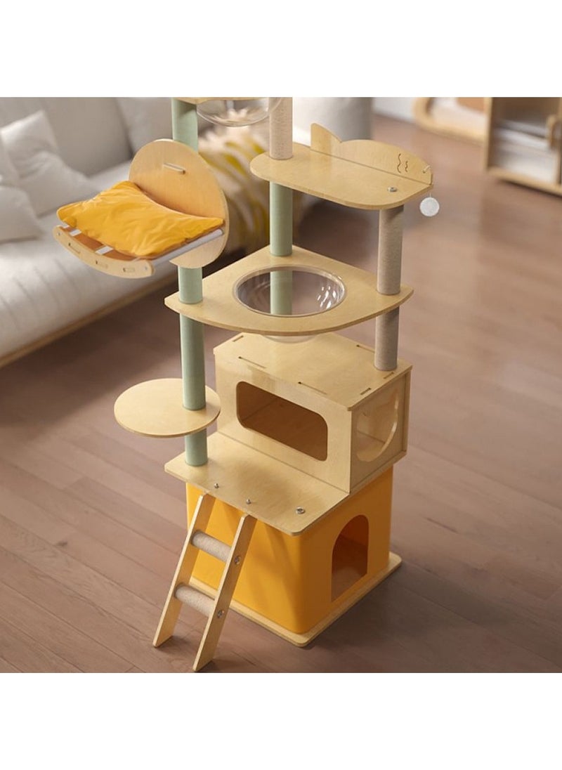 Cat Tree And Scratcher, Yellow Multi-layer, Cat Tree with Space Capsule Bed and Ladder - Yellow