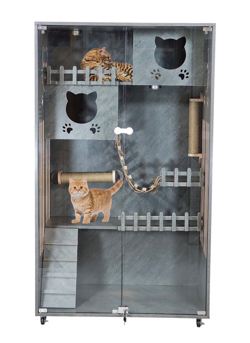 Cat villa, Multi-level wooden cat house with LED light, Cat condos, Scratching posts, Glass doors, Cat ladder, Side door, and Universal wheels, Suitable for indoor cats 155 cm (Grey)