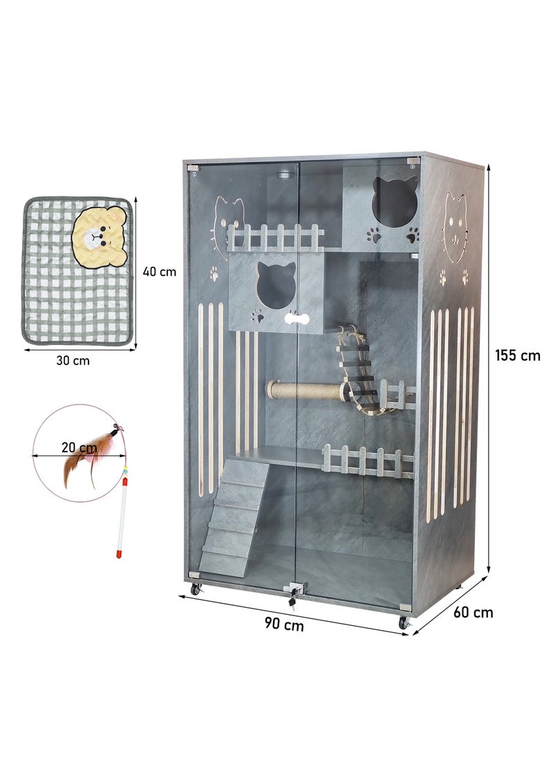 Cat villa, Multi-level wooden cat house with LED light, Cat condos, Scratching posts, Glass doors, Cat ladder, Side door, and Universal wheels, Suitable for indoor cats 155 cm (Grey)