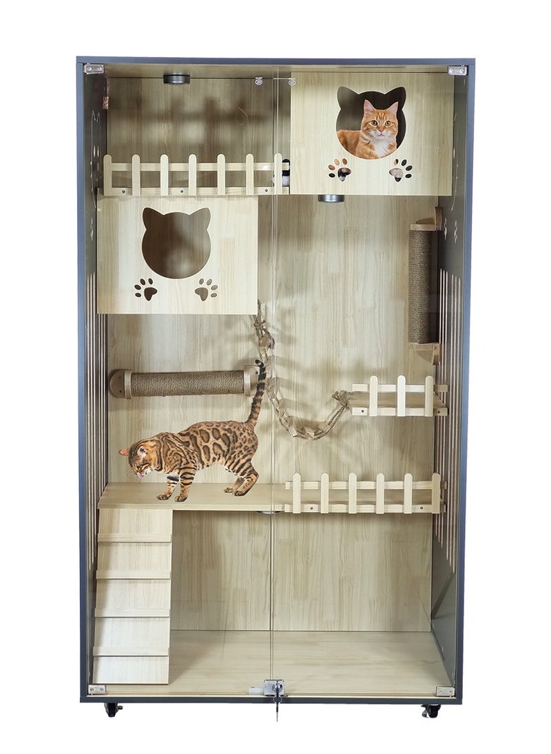 Wooden cat house for Indoor cats, Heavy-duty cat villa with Transparent glass doors, LED lights, Double cat condos, Play area, Toilet area, Stairs, and Universal wheels 155 cm (Black)