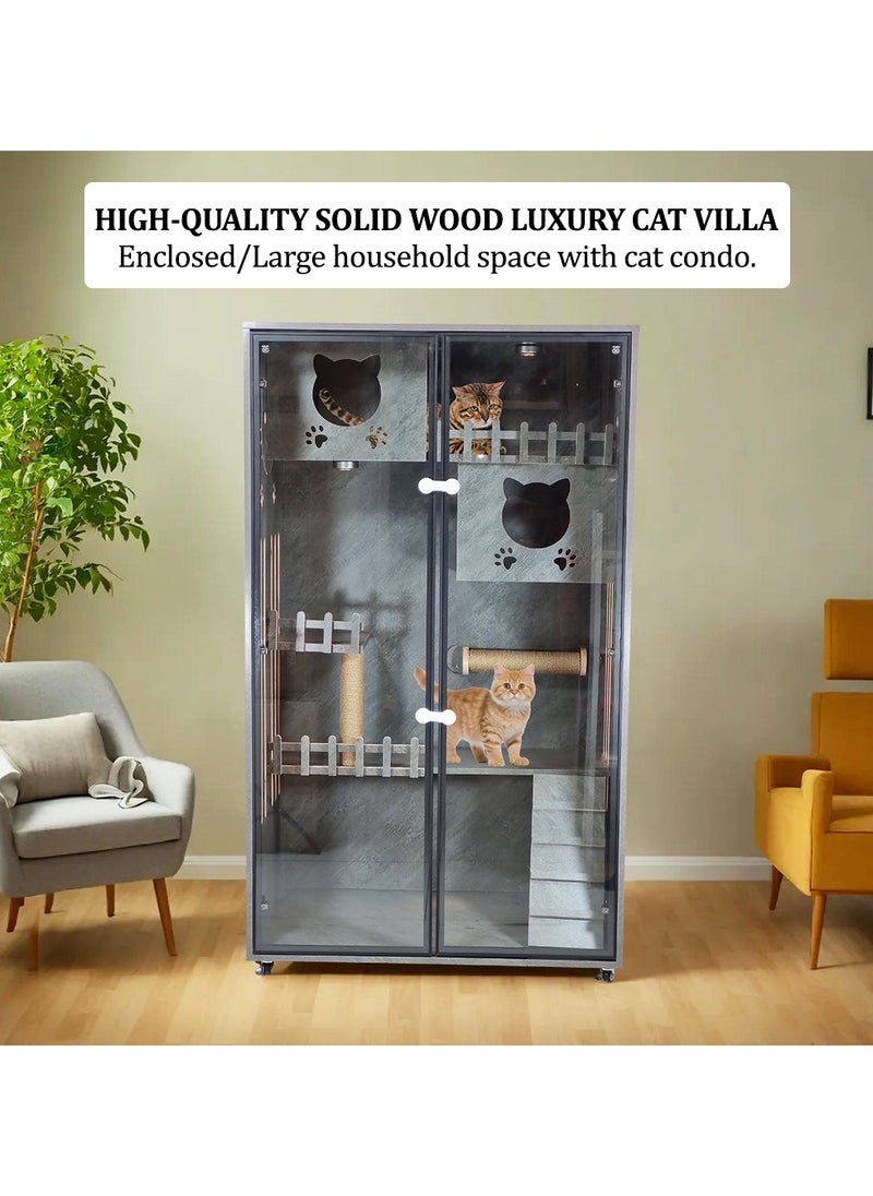 Wooden cat villa with Cat condos, LED light, Scratching post, Stairs, Lock, Side door, Ventilation holes, and Universal wheels, Luxury cat house for indoor cats and kittens 155 cm (Grey)