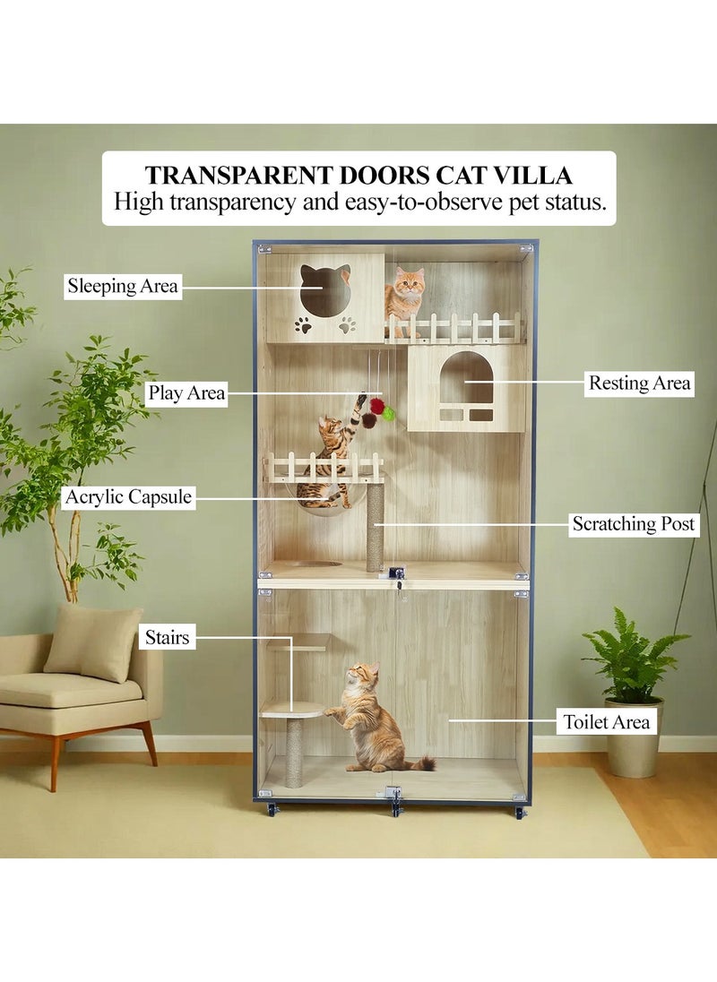 Cat villa with Glass Door, Double cat condos, Cat toys, LED light, Acrylic capsule, Litter box area, and Universal wheels, Heavy-duty wooden pet villa for indoor cats 185 cm (Beige)