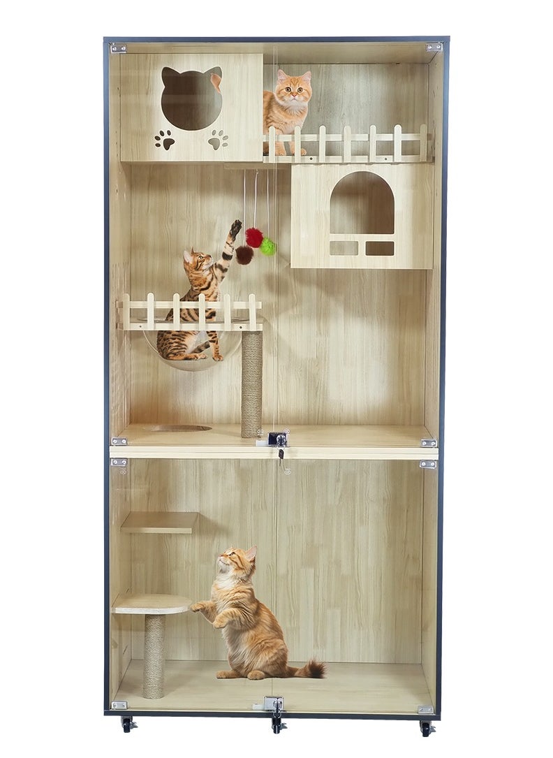 Cat villa with Glass Door, Double cat condos, Cat toys, LED light, Acrylic capsule, Litter box area, and Universal wheels, Heavy-duty wooden pet villa for indoor cats 185 cm (Beige)