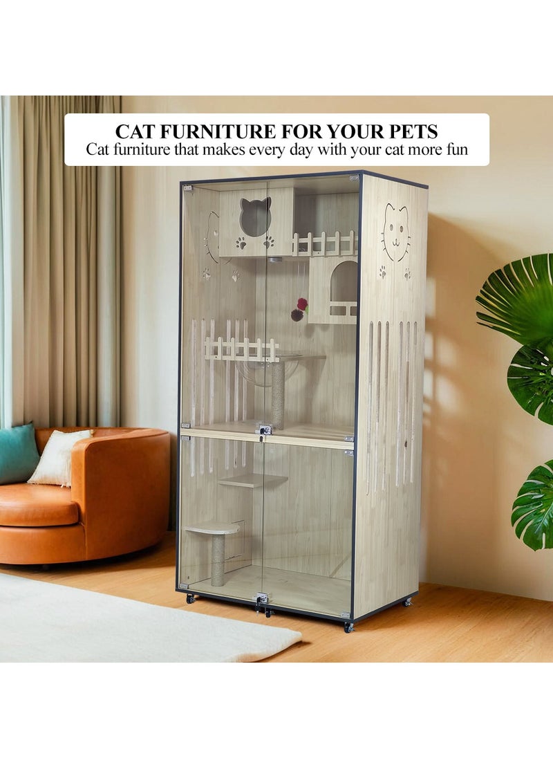 Cat villa with Glass Door, Double cat condos, Cat toys, LED light, Acrylic capsule, Litter box area, and Universal wheels, Heavy-duty wooden pet villa for indoor cats 185 cm (Beige)