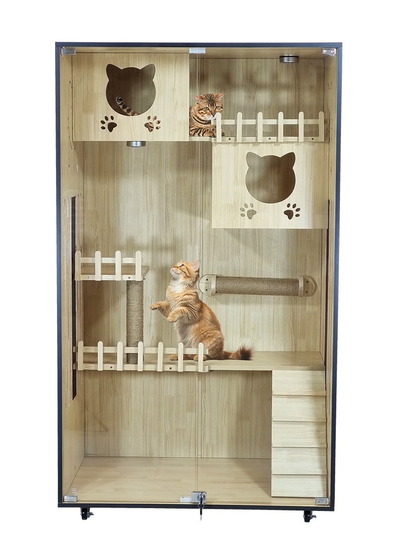 Wooden cat house, Multi-functional closed cat villa with Transparent glass doors, Cat condos, LED light, Scratching post, Stairs, and Universal wheels, Ideal for indoor cats 155 cm (Beige)