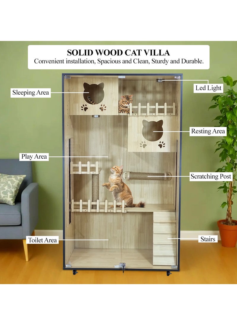 Wooden cat house, Multi-functional closed cat villa with Transparent glass doors, Cat condos, LED light, Scratching post, Stairs, and Universal wheels, Ideal for indoor cats 155 cm (Beige)