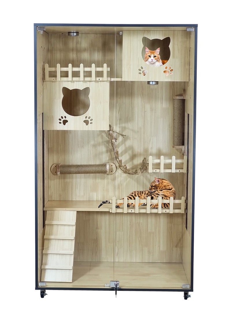 Wooden cat house for Indoor cats, Durable cat villa with Transparent glass door, LED light, Cat condos, Play area, Litter box area, Climbing ladders, and Universal wheels 155 cm (Beige)