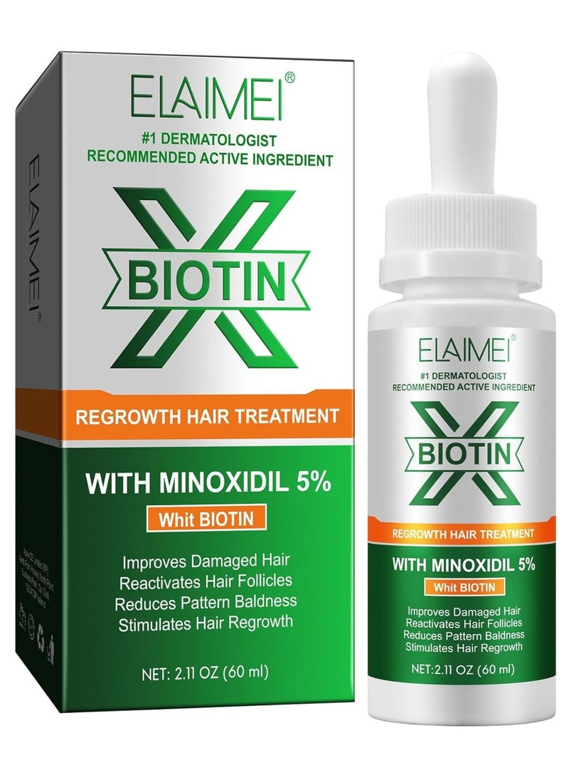 60ml Biotin Regrowth Hair Treatment Hair Growth Serum with 5% Minoxidil Hair Regrowth Treatment Serum for Damaged Hair Reactivate Hair Follicles Reduce Pattern Baldness Stimulates Hair Growth Oil