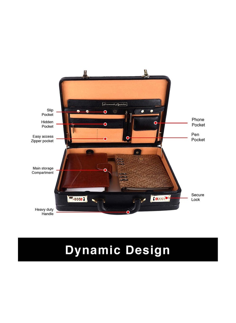 HAMMONDS FLYCATCHER Expandable Briefcase for Men - Genuine Leather Attachi Suitcase with Combination Lock - Office and Business Hand Bag - Executive Laptop Briefcase - Black, 43 x 10.5 x 32cm