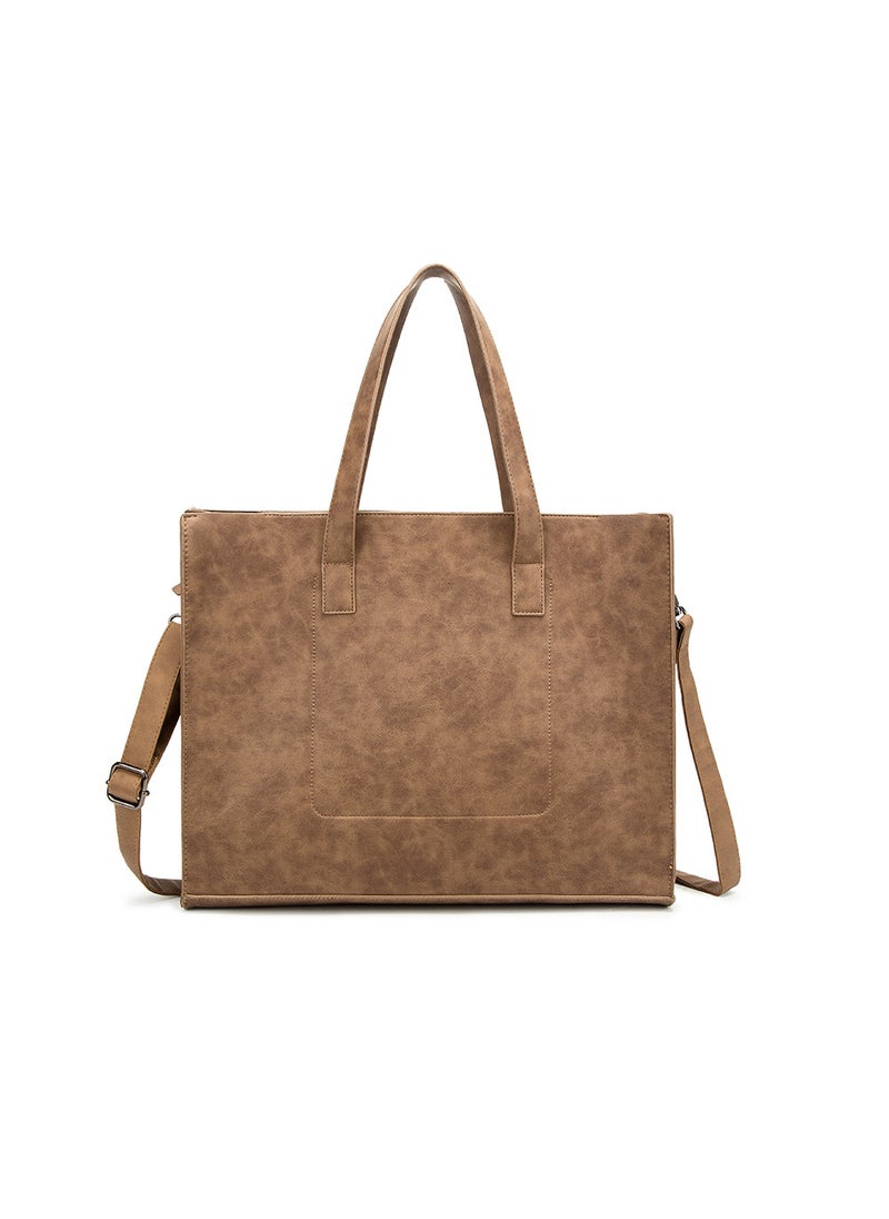 Korean Style PU Leather Tote Bag with Zipper Khaki