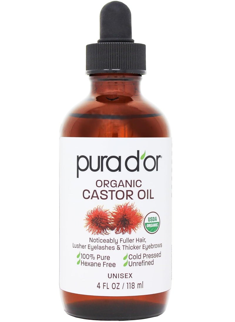 PURA D'OR Organic Castor Oil (4oz + 2 BONUS Pre-Filled Eyelash & Eyebrow Brushes) 100% Pure, Cold Pressed, Hexane Free Serum For Fuller, Thicker Lashes & Brows & Moisturizes Skin