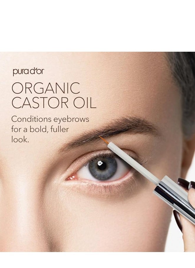 PURA D'OR Organic Castor Oil (4oz + 2 BONUS Pre-Filled Eyelash & Eyebrow Brushes) 100% Pure, Cold Pressed, Hexane Free Serum For Fuller, Thicker Lashes & Brows & Moisturizes Skin