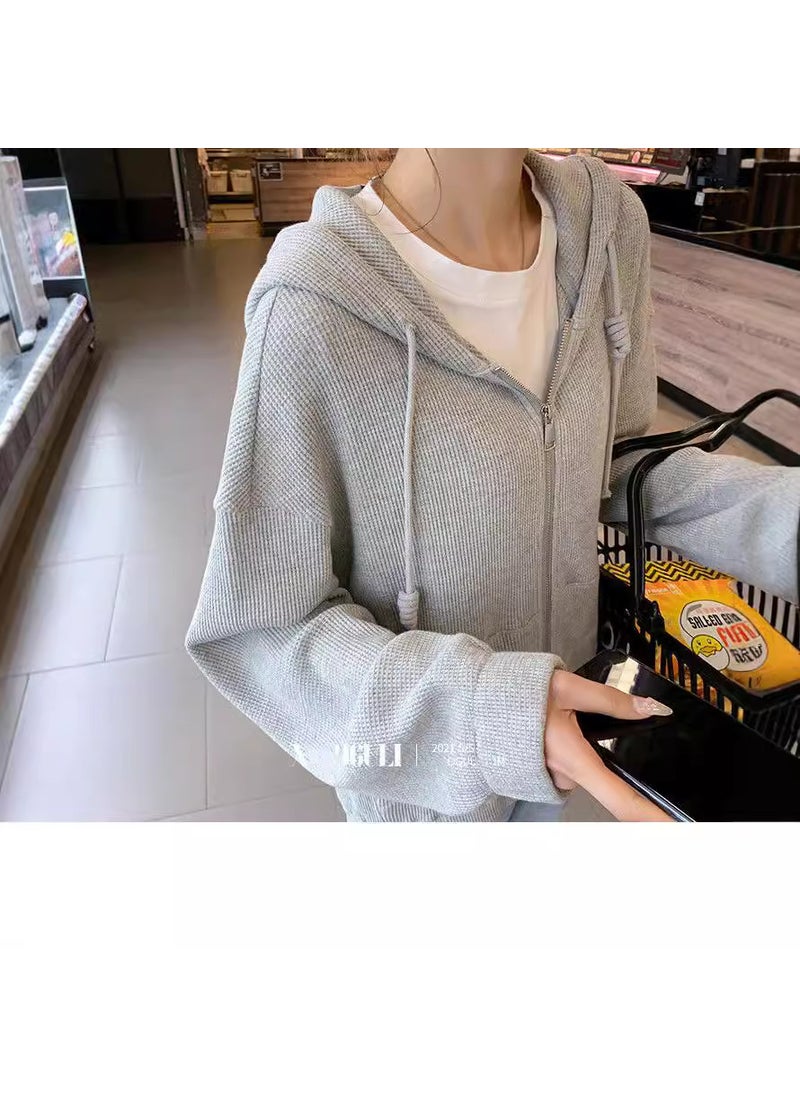 2024 Womens Casual Hooded Zip-up Sweatshirt Heather Gray