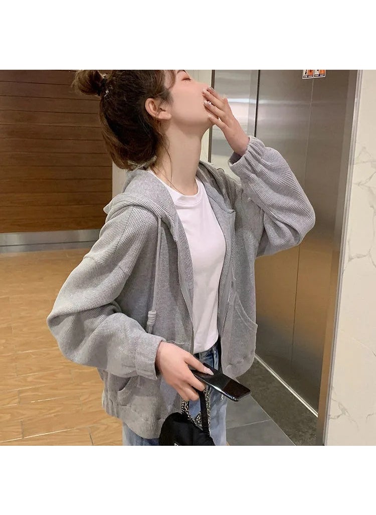 2024 Womens Casual Hooded Zip-up Sweatshirt Heather Gray