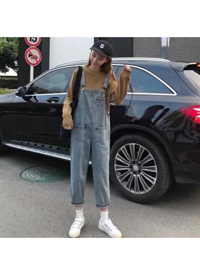 Casual Solid Color Denim Overalls Women Summer Loose Fit Blue