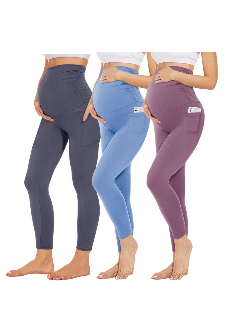 3 Pack Women's Maternity Leggings Over The Belly with Pockets Super Soft Workout Pregnancy Yoga Pants