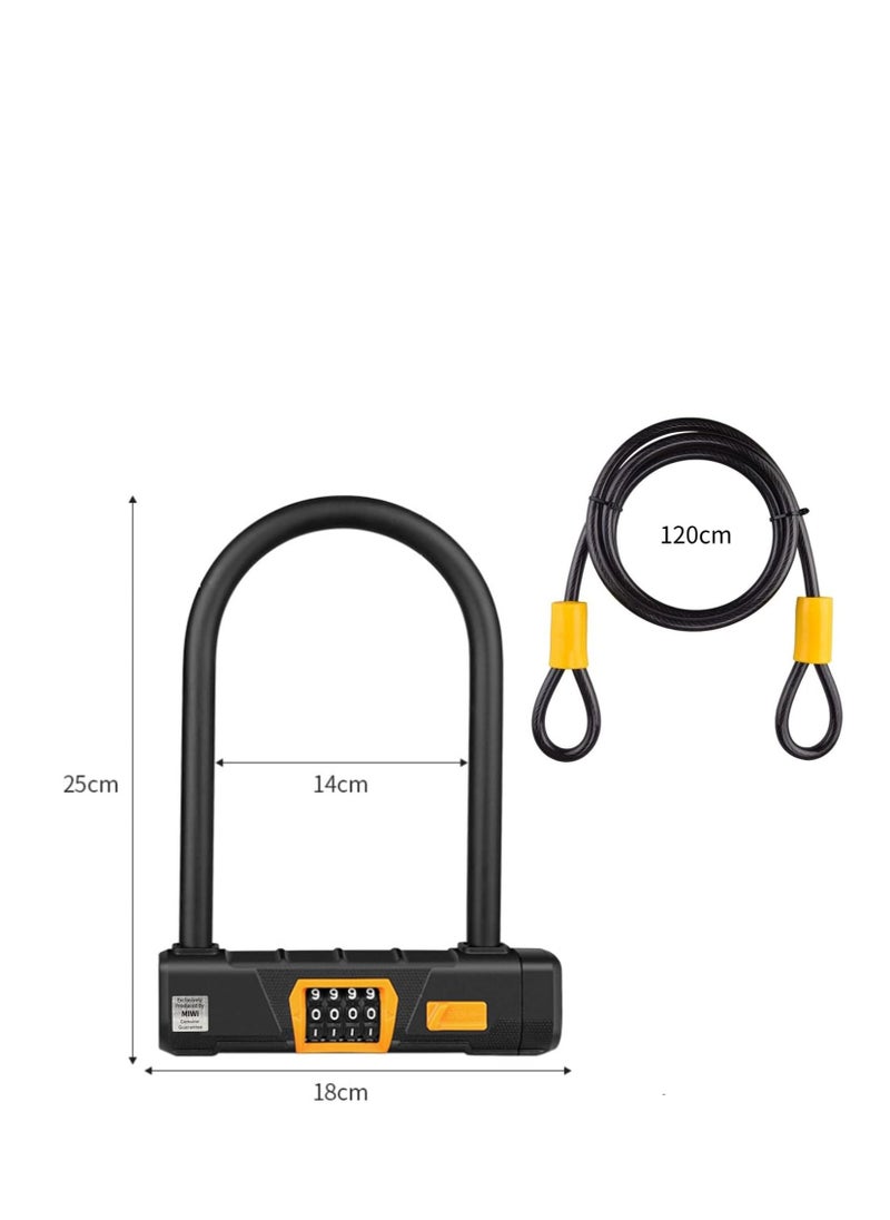 Bike U Lock, Combination lock Bike Lock, Heavy Duty U Lock for Bike, Motorcycle Locks, Anti Theft Bicycle Secure Locks, 15mm U Lock+4ft Steel Cable, 2 Pcs